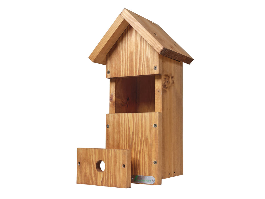 tall handmade wooden bird box with removable panel