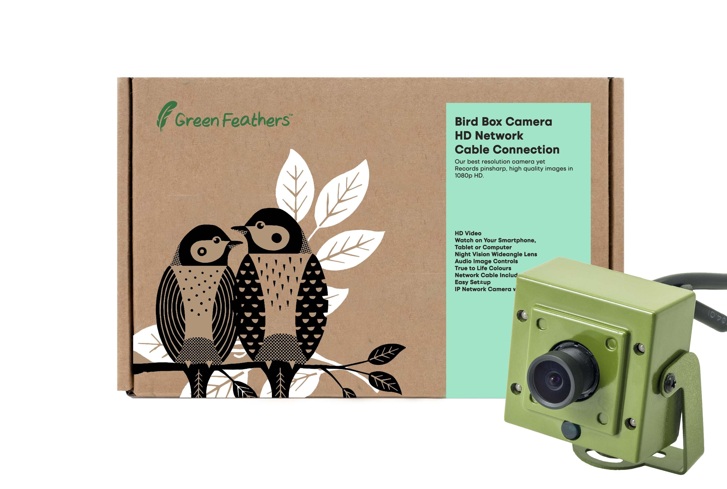 Wired IP Bird Box Camera HD Watch on Phone & Tablet Green Feathers